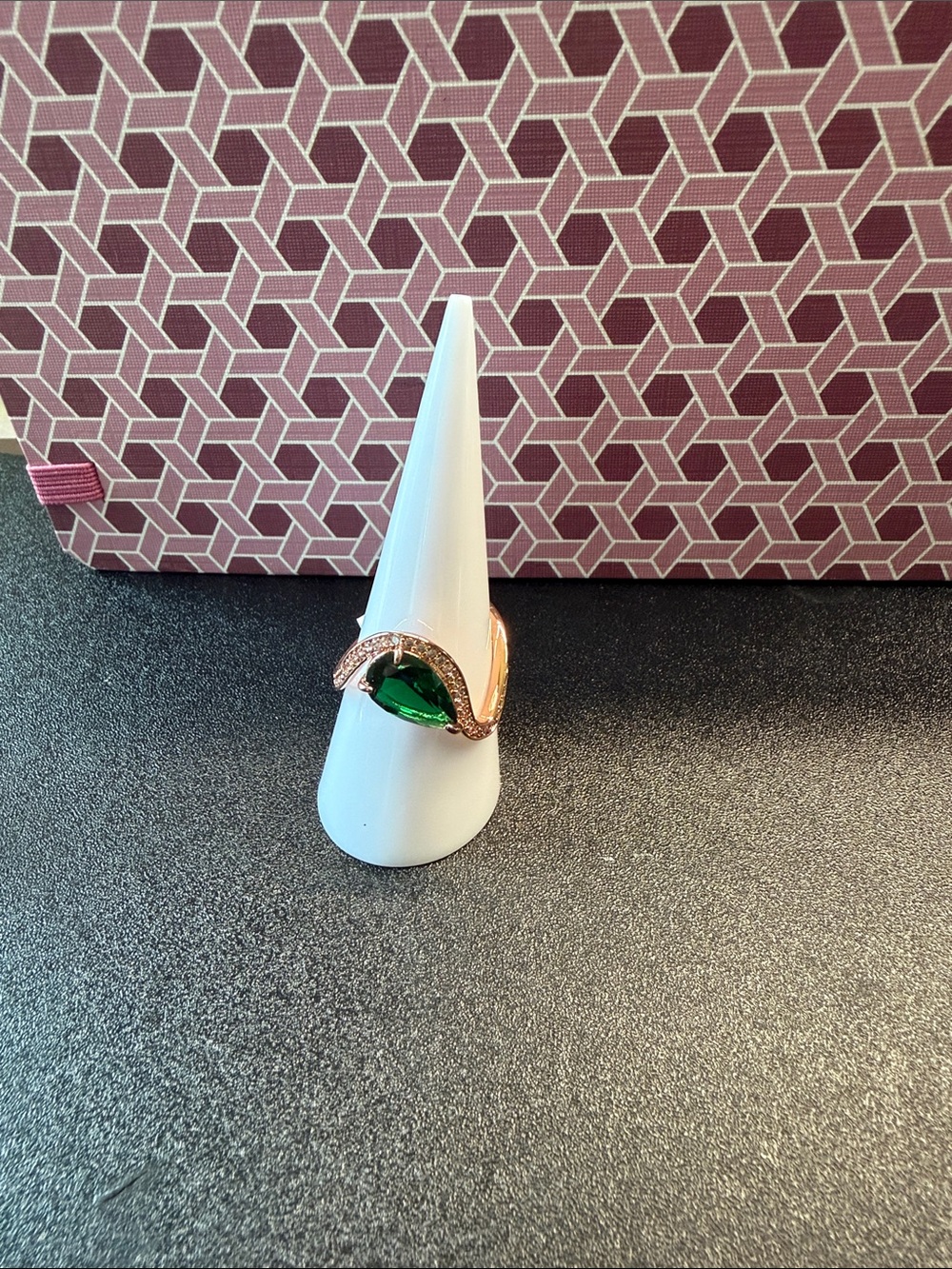 Rose Gold Ring with Green Teardrop Crystal and Pavé Accents